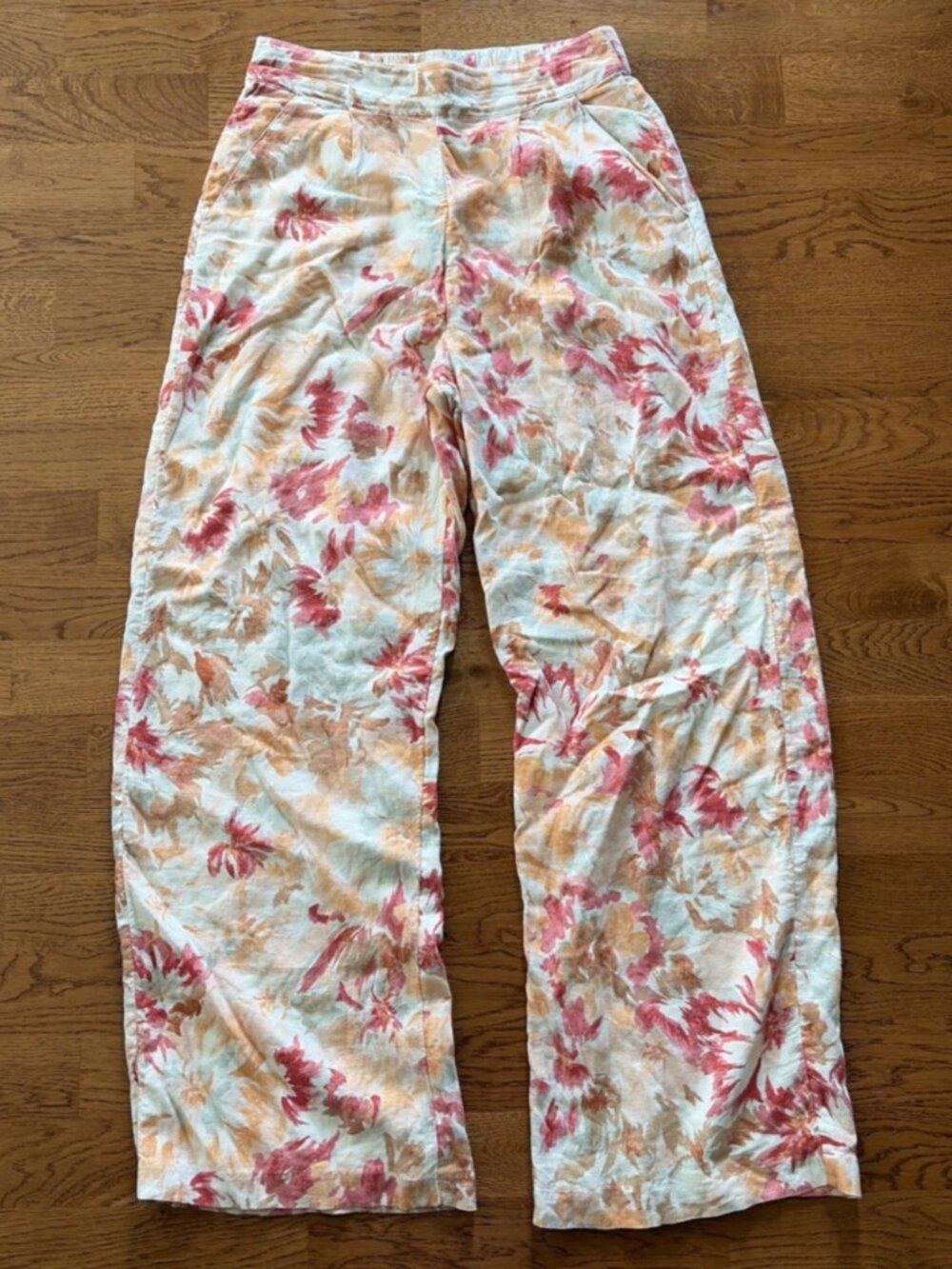 Abercrombie Women Linen Pants S Wide Leg Print Pull On Palazzo Ivory Floral Pink